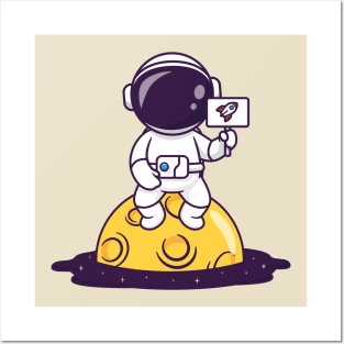 Cute Astronaut Sitting On Moon With Rocket Sign Cartoon Posters and Art